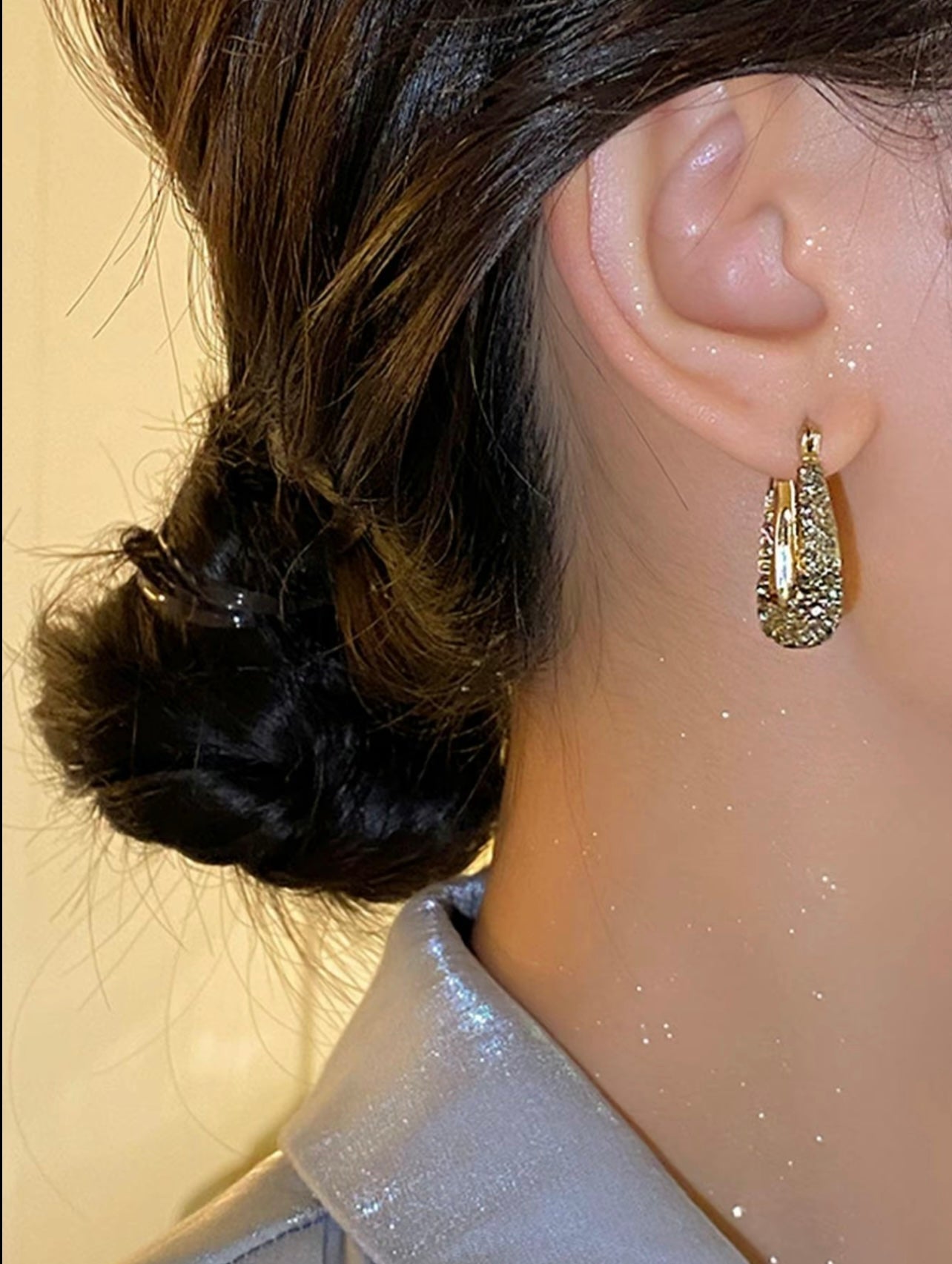 Gold Creoles with Smoky Grey Rhinestones – Subtle Glamour, Everyday Edge