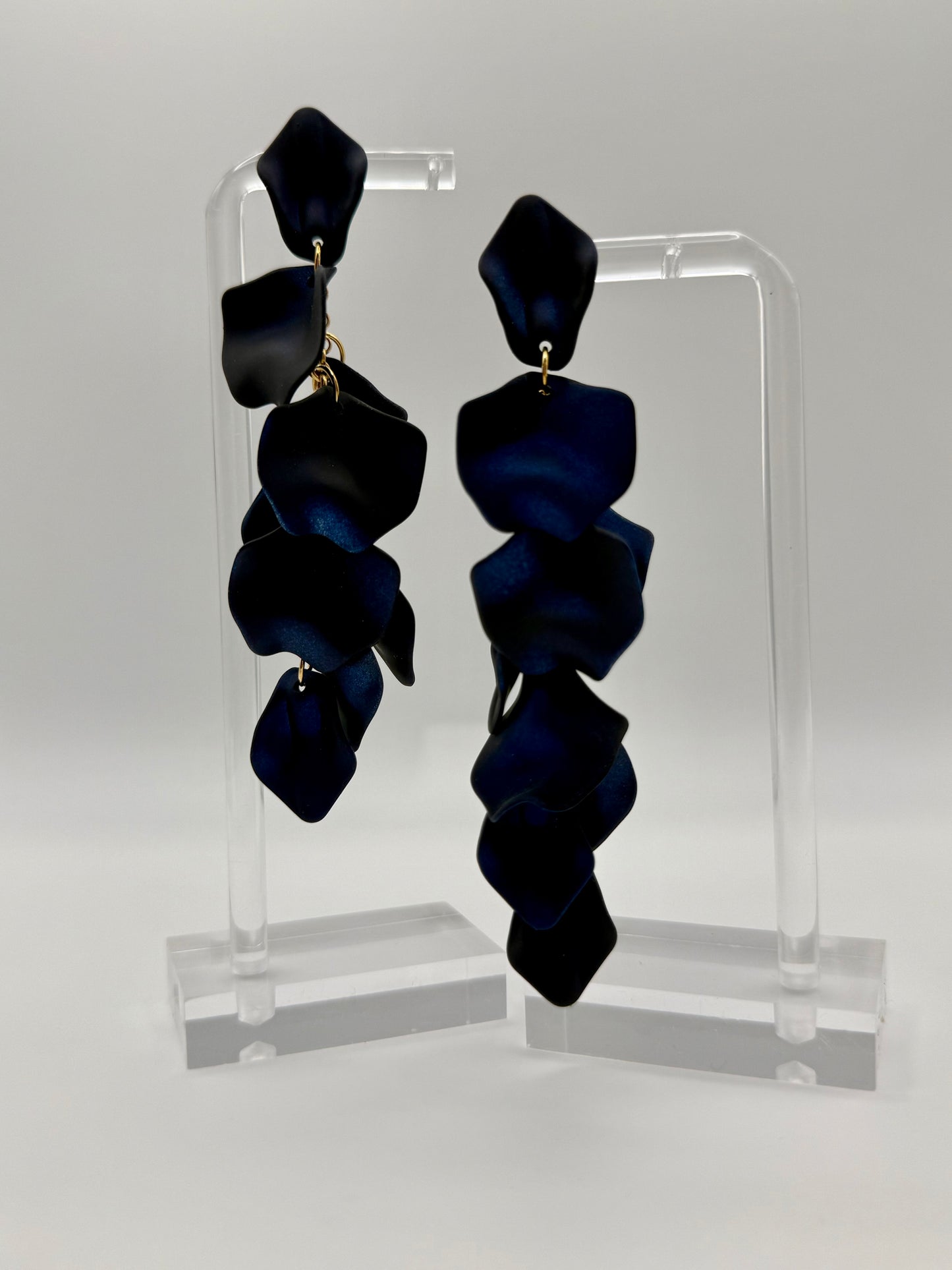 Gold & Royal Blue Satin Finish Petal Dangle Earrings – Nature-Inspired Elegance with a Bold Twist