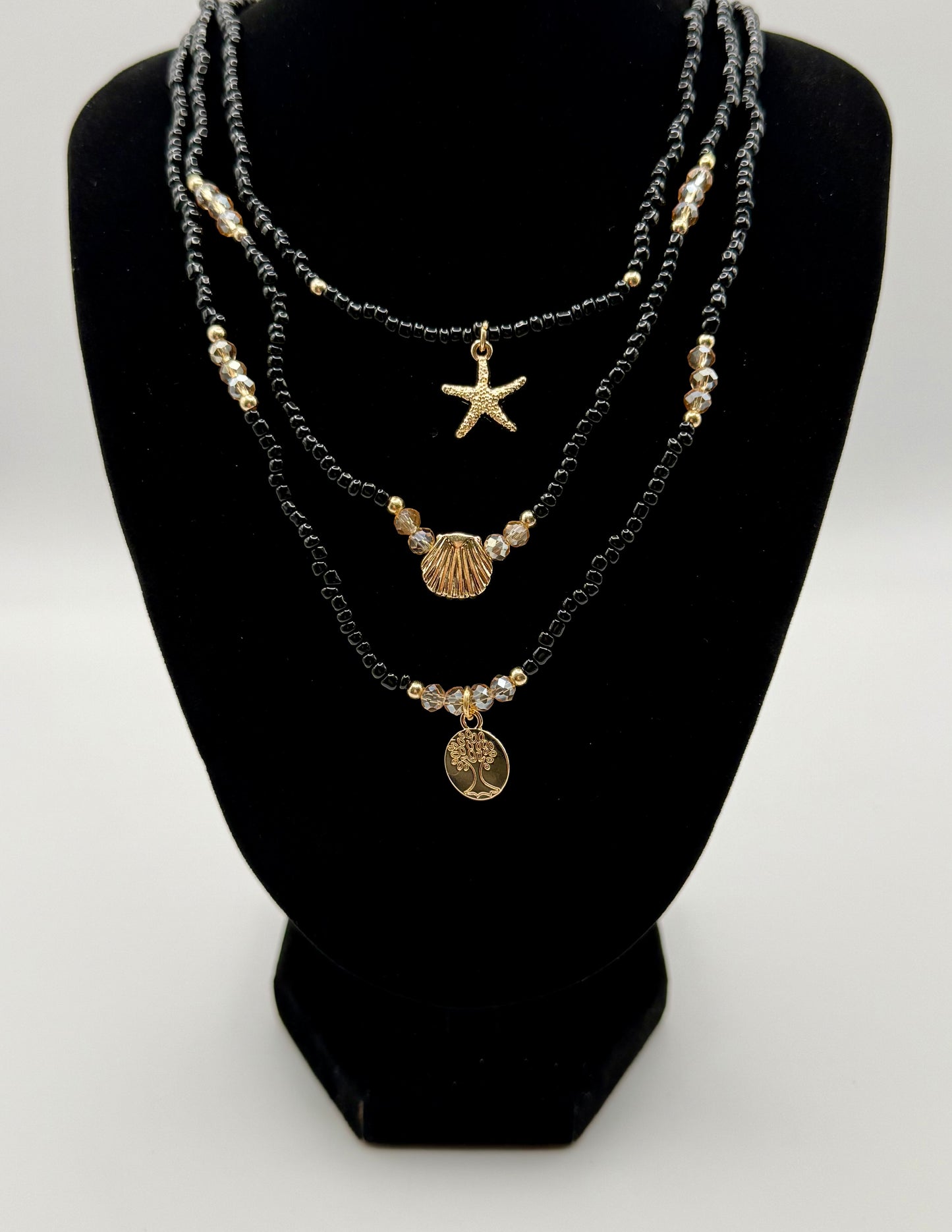 3pc Black & Gold Boho Beach Necklace Set – Starfish & Shell Pendants with Glass Beads