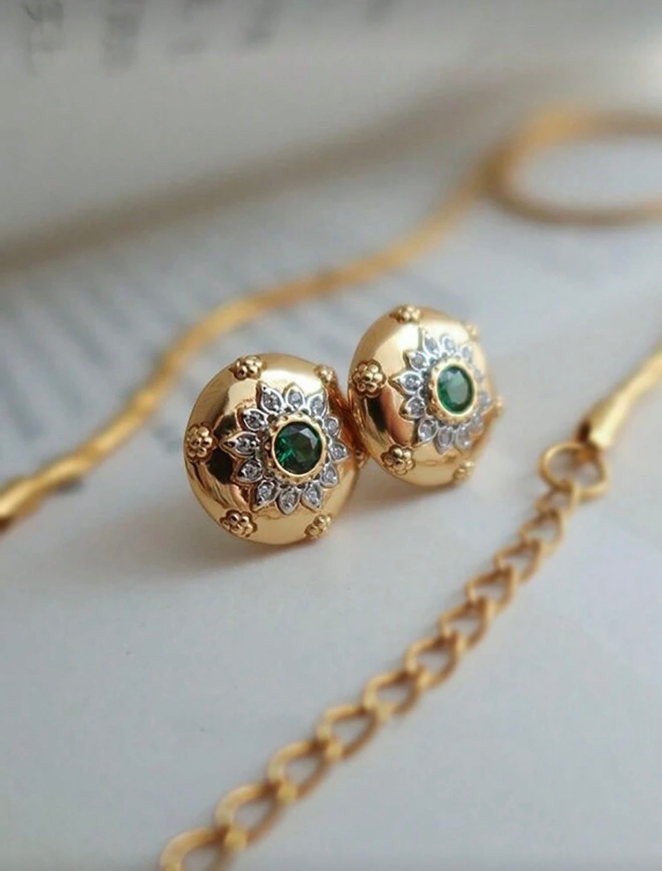 Delicate Carved Vintage Palace Style 18K Gold Plated Earrings with Green Zirconia Stone