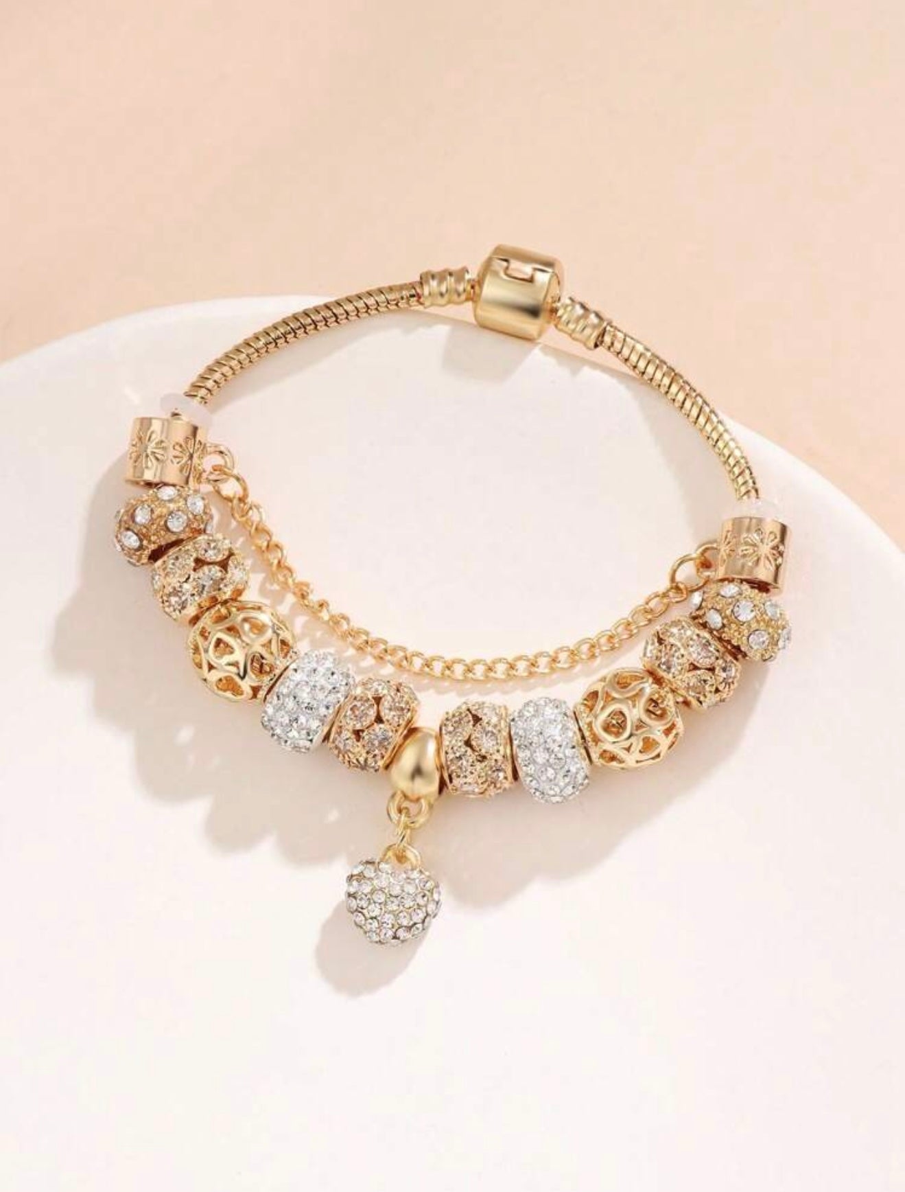 Pandora-Inspired Full Charm Heart Bracelet – Rhinestone-Embellished Luxury Style Jewellery – 17cm