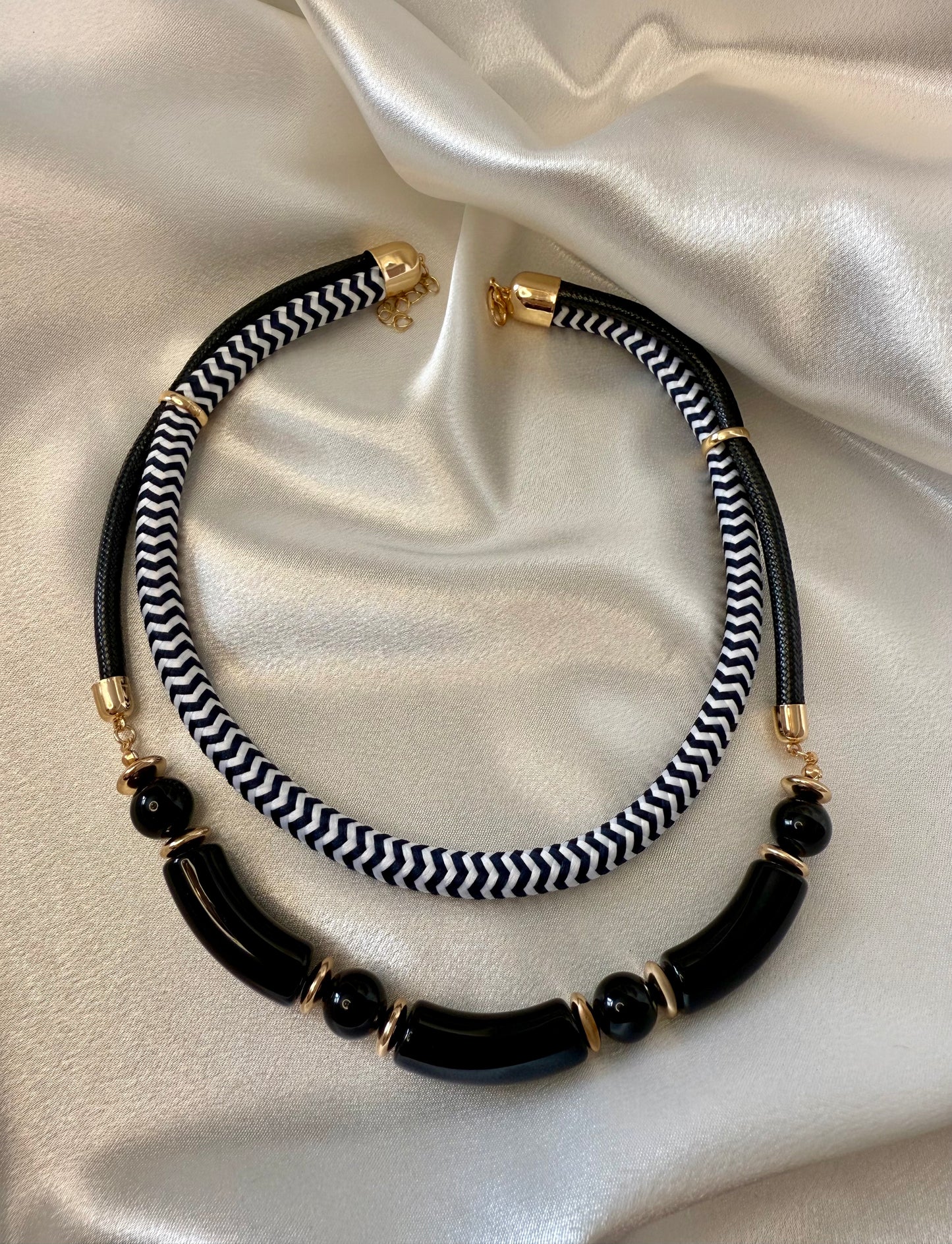 2pc Nautical Black Cord Necklace & Bracelet Set – Exaggerated Choker Style with Gold Accents