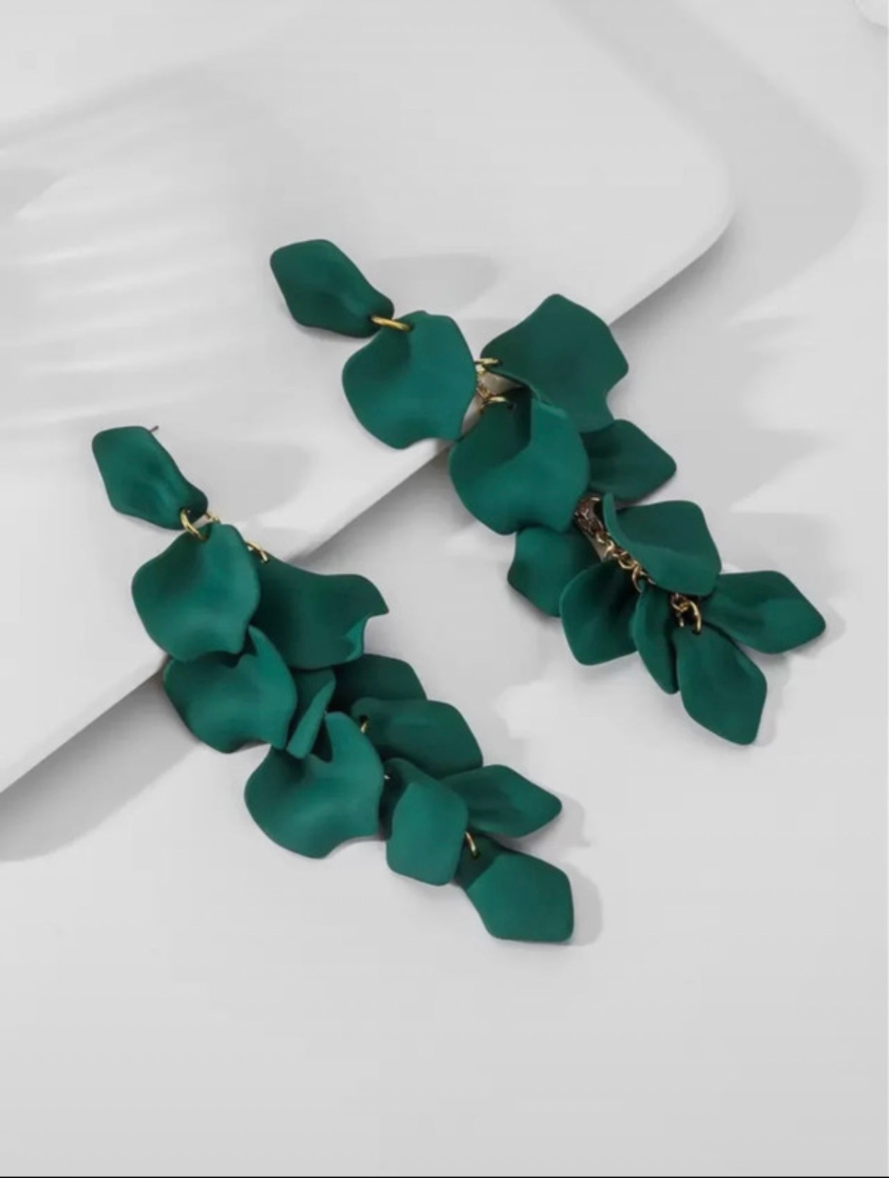 Gold & Dark Green Matte Petal Dangle Earrings – Nature-Inspired Elegance with a Modern Edge