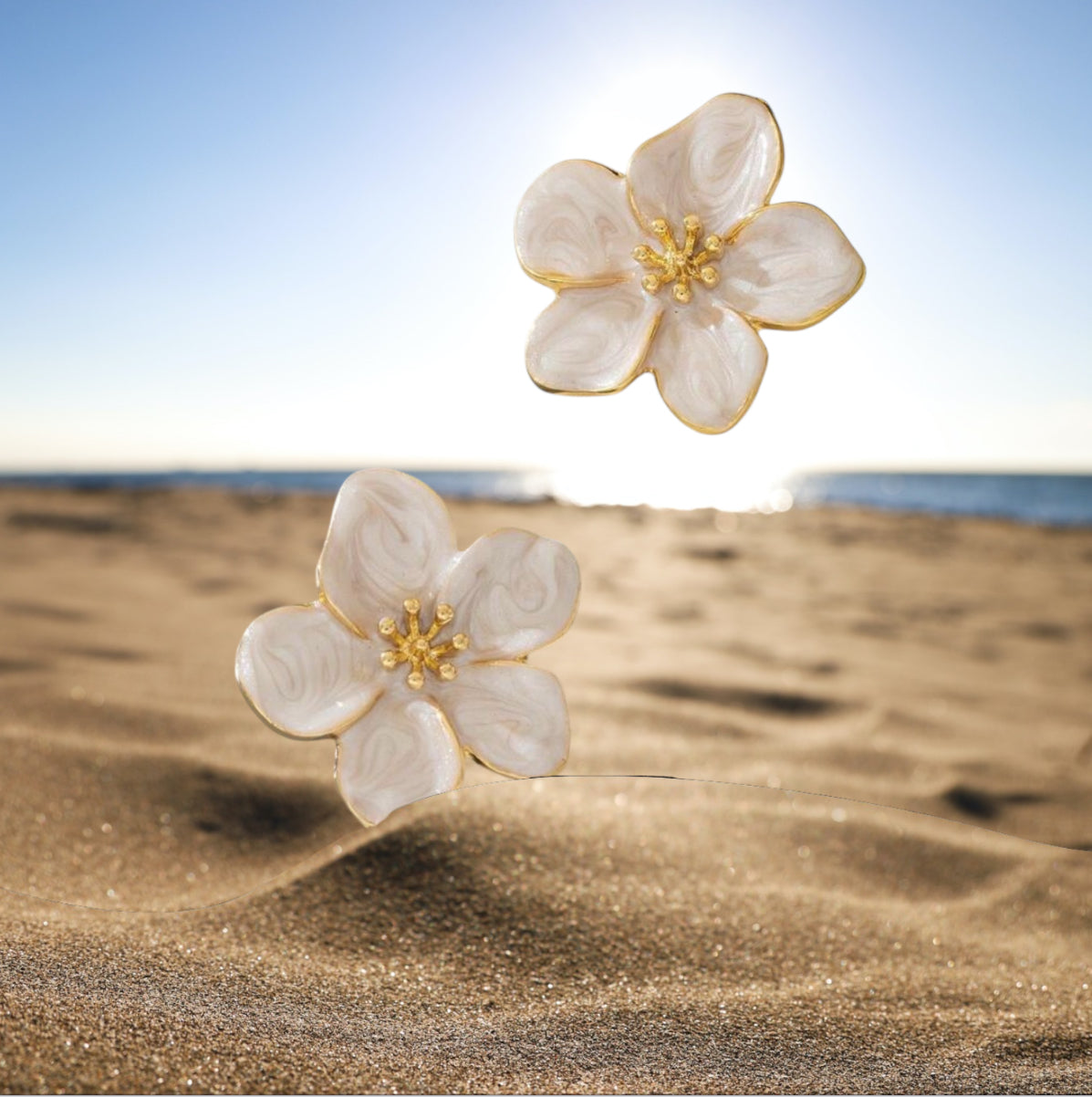 Delicate Sweet Gold and White Enamel Flower Stud Earrings