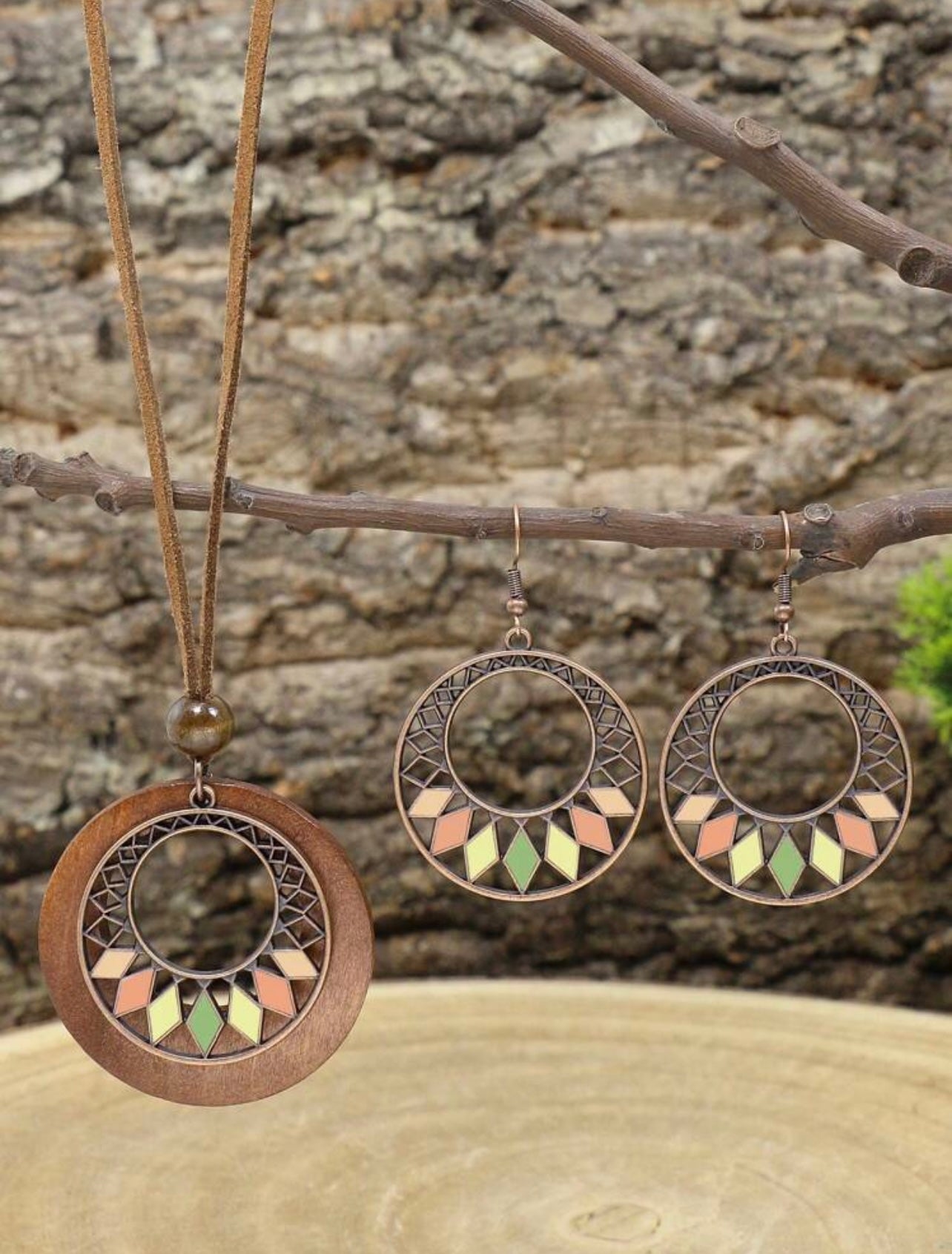 3pc Antique Copper Boho Necklace & Earrings Set – Wooden Rhombus Pendant Jewellery for Daily Wear & Events