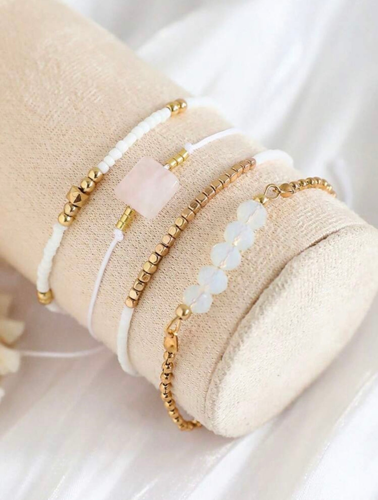 4pc White & Gold Gem Bracelet Stack – Handmade Holiday & Party Jewellery