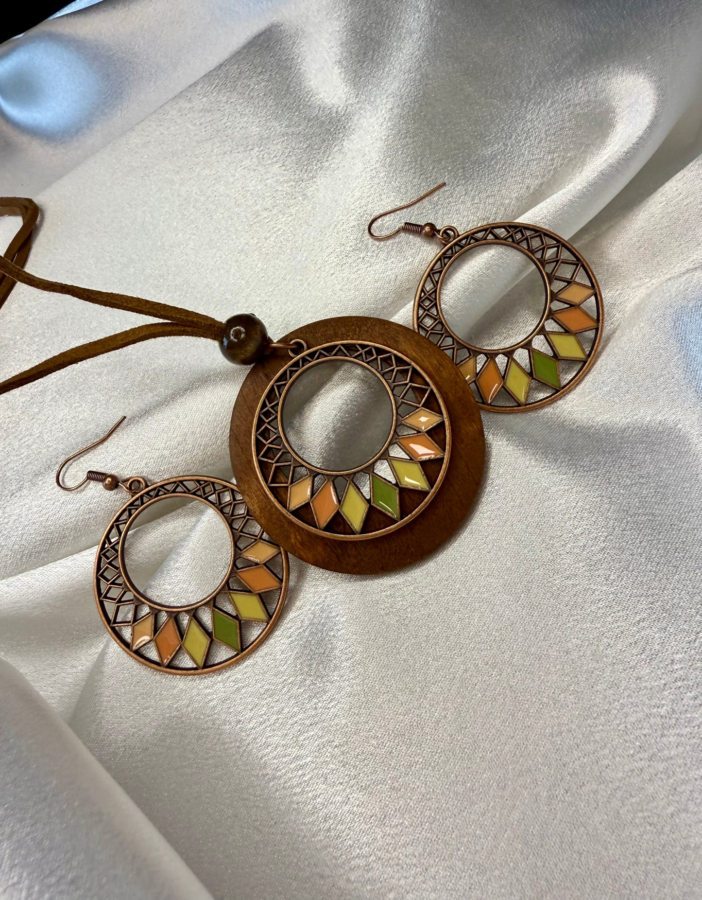 3pc Antique Copper Boho Necklace & Earrings Set – Wooden Rhombus Pendant Jewellery for Daily Wear & Events
