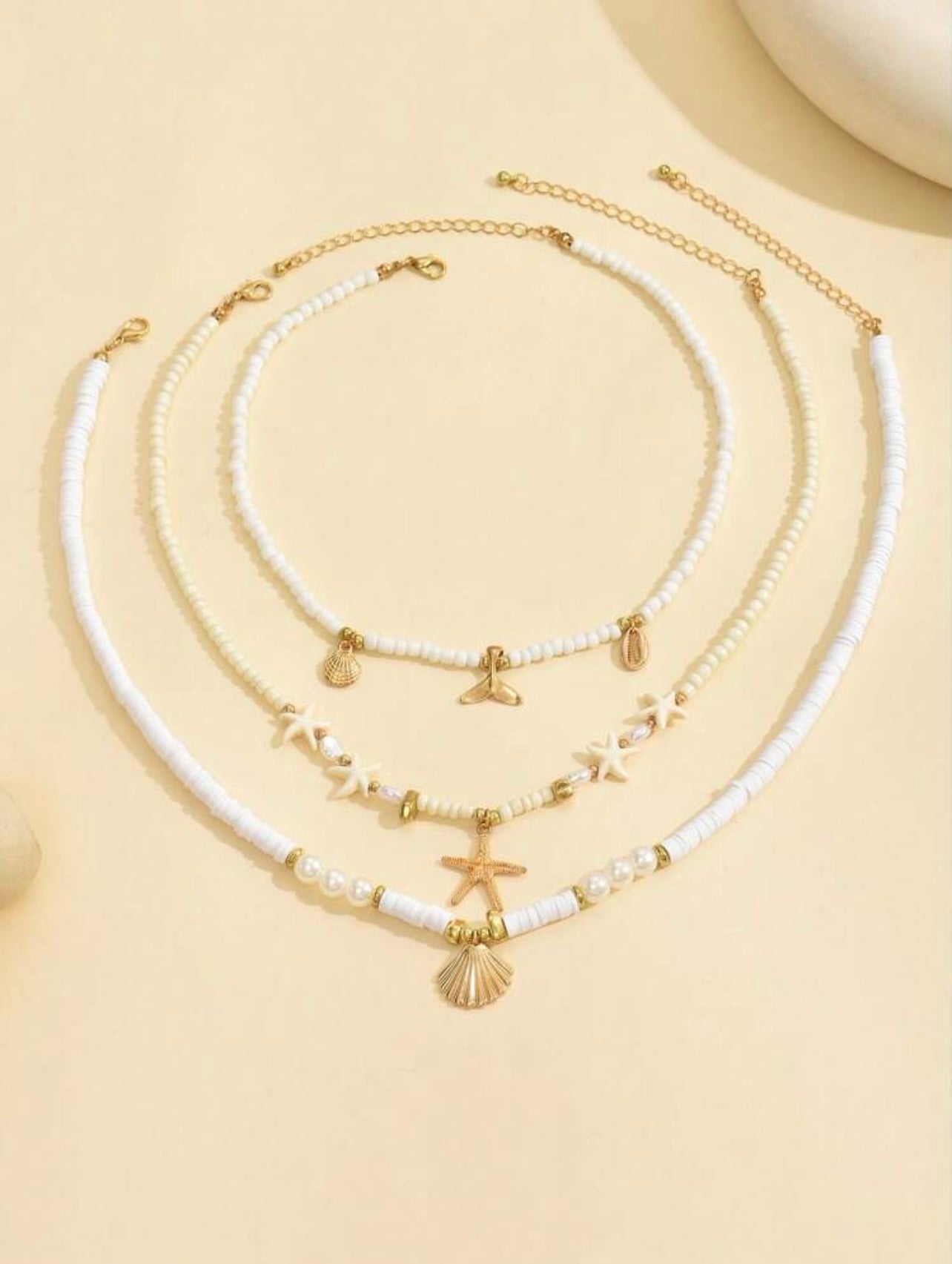 3pc Ocean Charm Necklace Set – White & Gold Ceramic Beads with Mermaid, Starfish & Shell Pendants