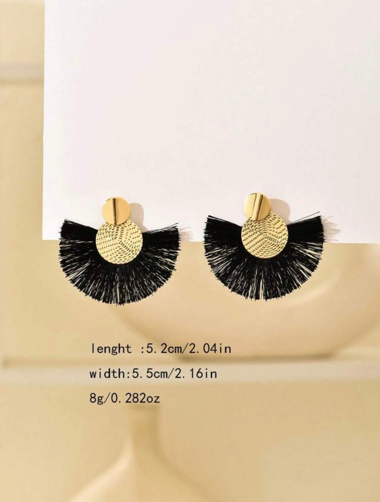 Gold & Black Retro Fan Tassel Drop Earrings – Vintage-Inspired Boho Elegance
