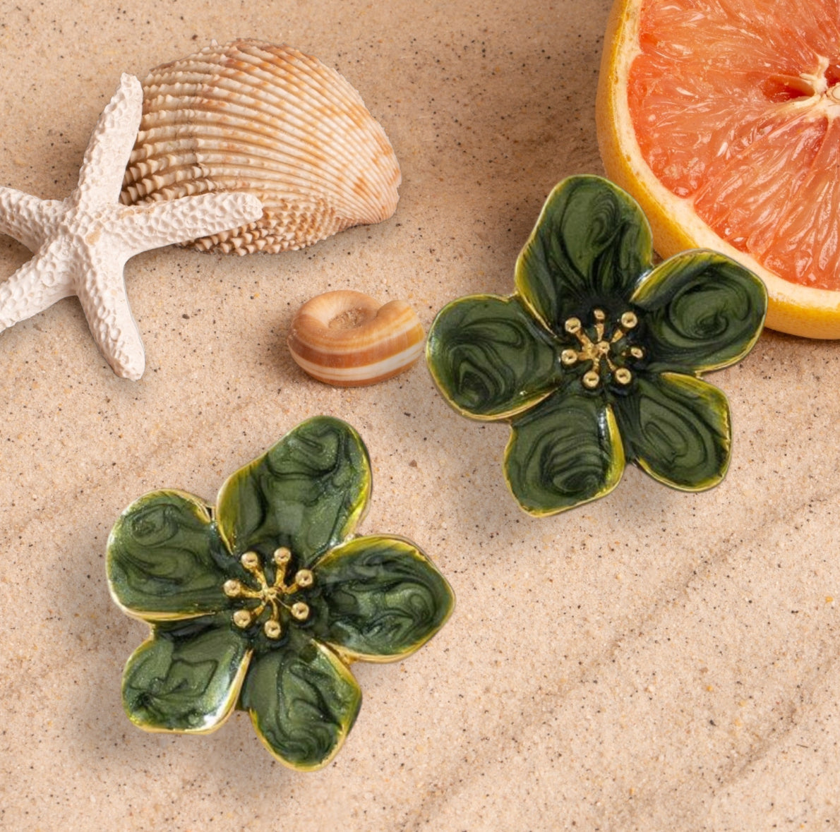 Delicate Sweet Gold and Green Enamel Flower Stud Earrings