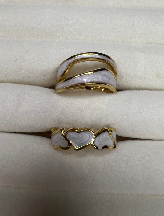 2pc Gold Positive & Negative Love Open Ring Set – Cream Marble Enamel, Perfect Gift