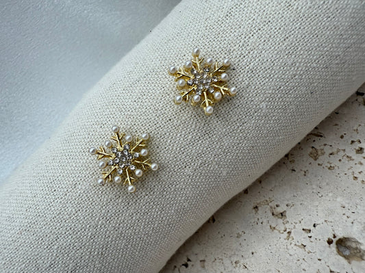 Minimalist Snowflake Design Faux Pearl & Glass Stud Earrings – Elegant, Radiant & Timeless