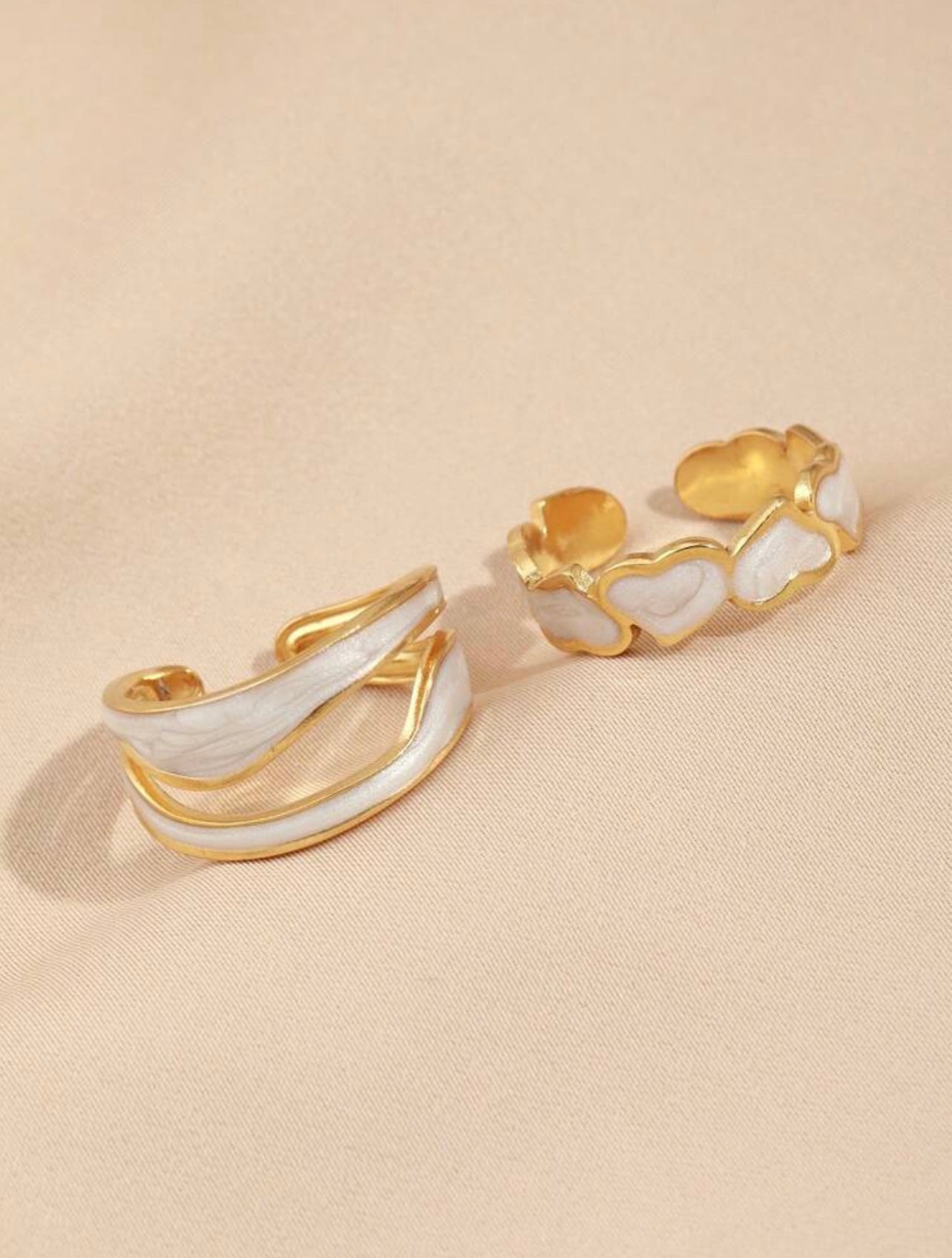 2pc Gold Positive & Negative Love Open Ring Set – Cream Marble Enamel, Perfect Gift