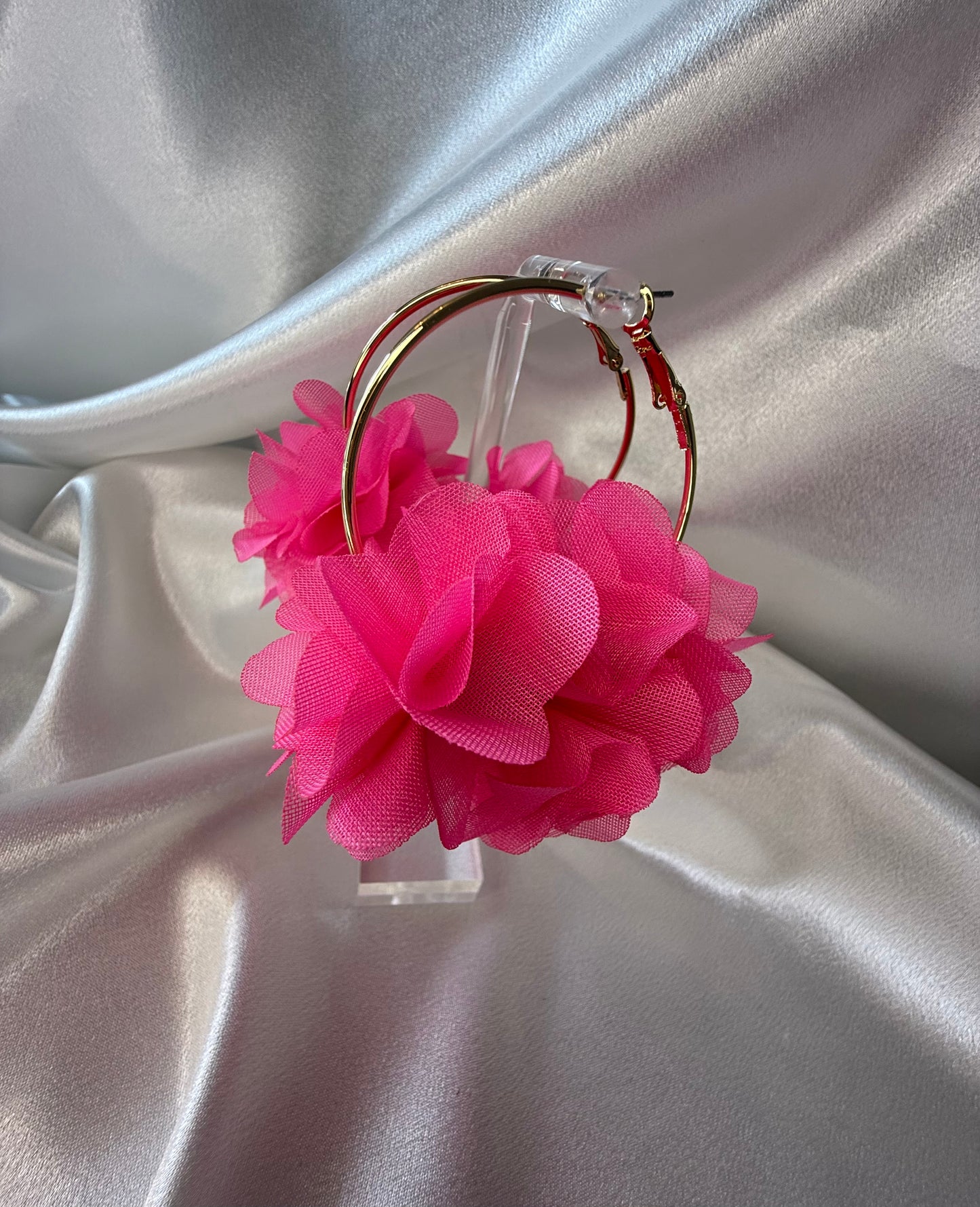 Gold Hoop Earrings with Neon Pink Floral Organza – Bold Statement Set (5 x 7 cm)