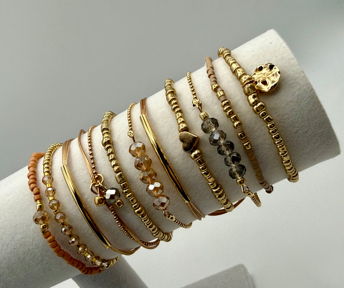 11pc Gold & Khaki Bohemian Heart Woven Beaded Bracelet Set – Adjustable Elastic Stack