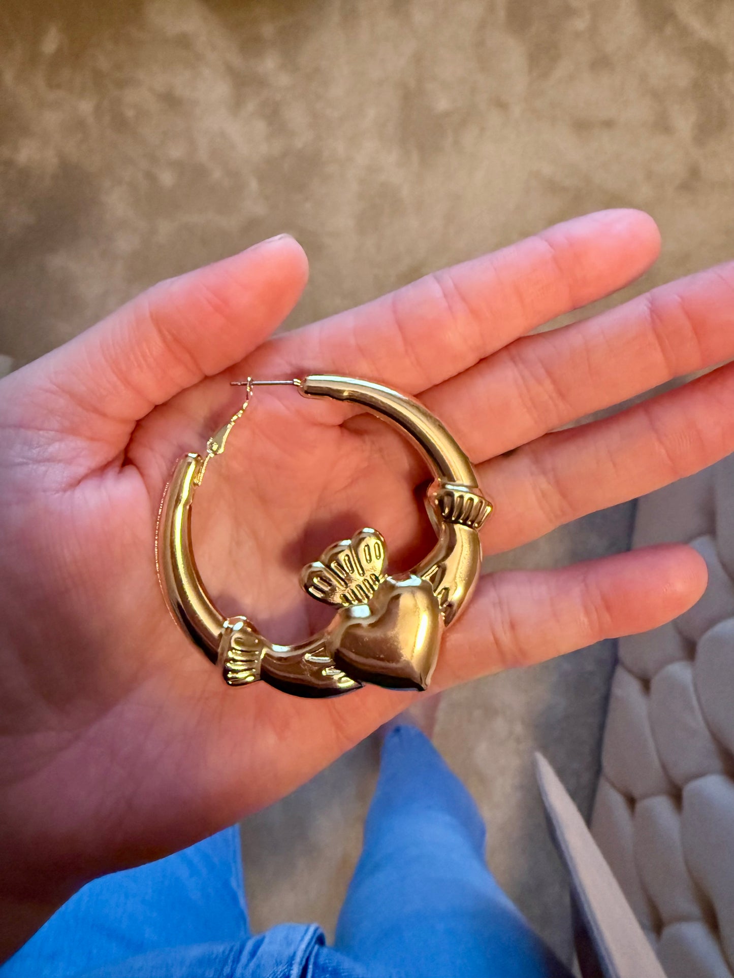 Gold Claddagh Chunky Hoop Earrings – 6 x 6.5 cms | Celebrate Love, Loyalty & Friendship | Tarnish Resistant