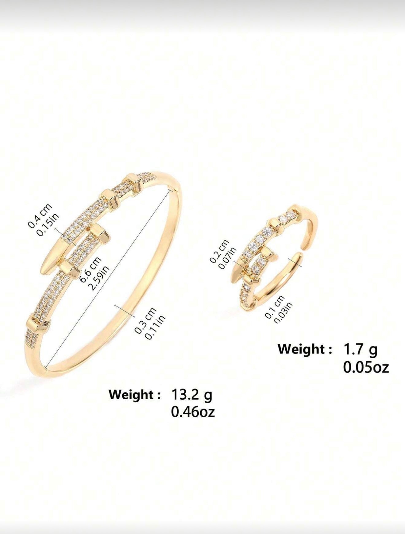 18K Gold Plated Cubic Zirconia Nail Bracelet & Ring Set – Cartier Style Elegance with Modern Edge