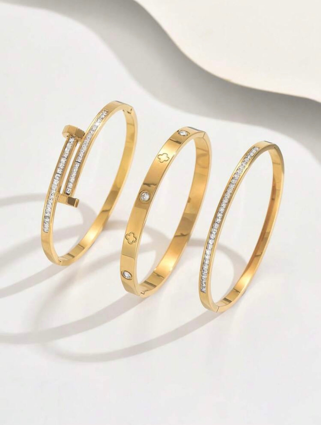 18K Gold Plated Cubic Zirconia Bangle Set – Cartier Inspired Timeless Style