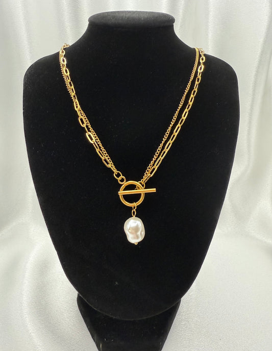 18k Gold Plated T-Bar Pearl Pendant Double Layer Necklace – Elegant, Radiant & Timeless
