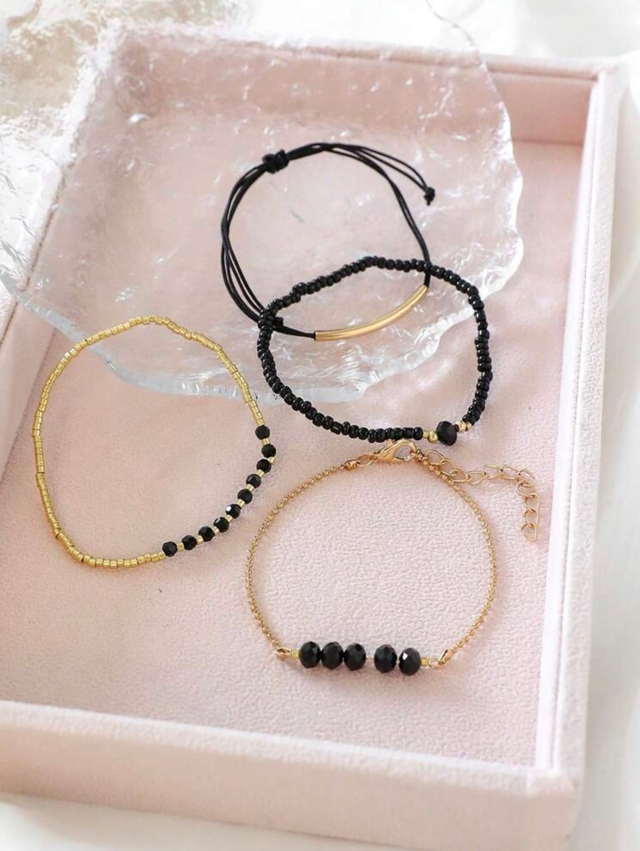 4pc Black & Gold Beaded Bracelet Stack – Handmade Party & Evening Jewellery