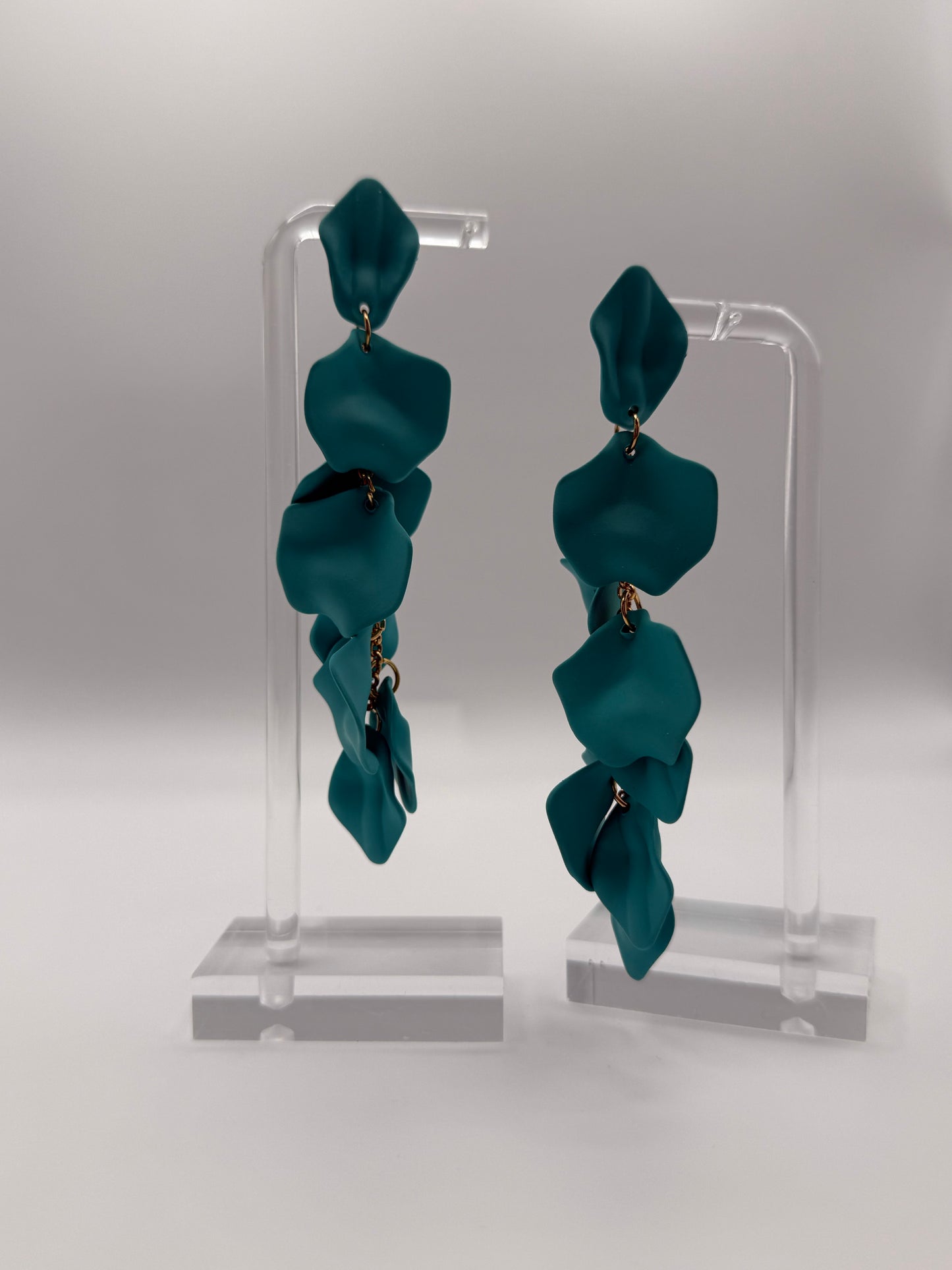 Gold & Matte Teal Petal Dangle Earrings – Nature-Inspired Elegance with a Modern Edge