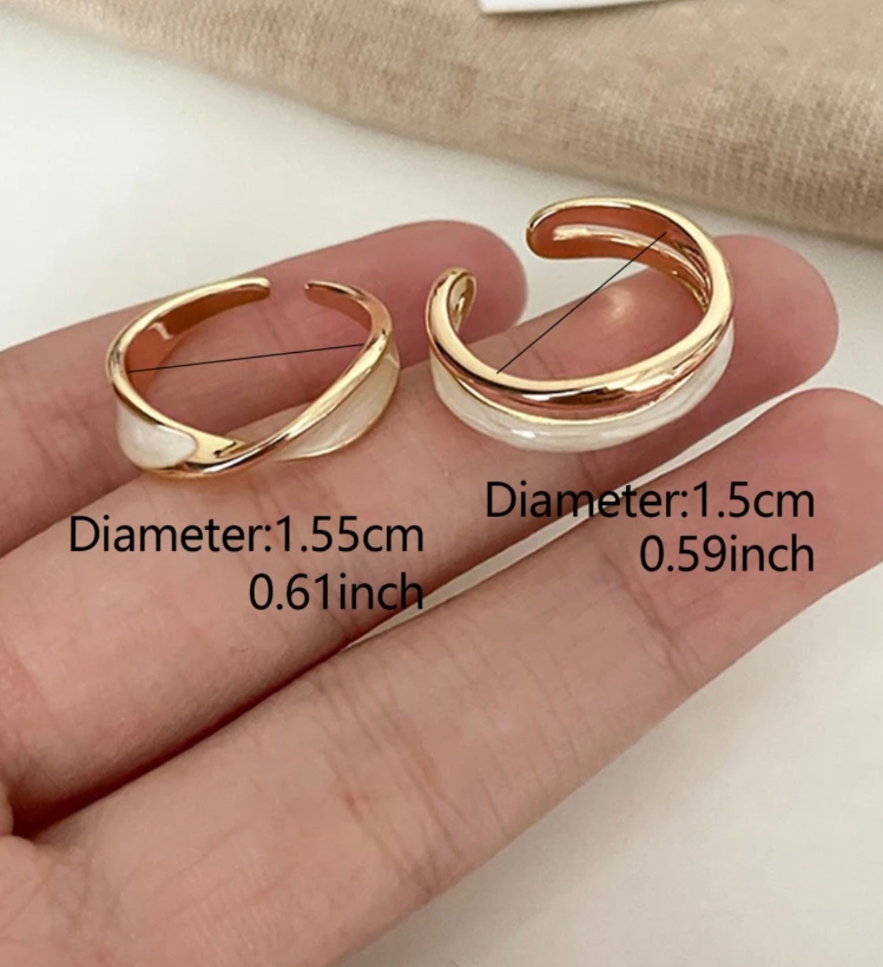 2pc Gold Criss-Cross Open Ring Set – Glossy Cream Enamel, Luxury Everyday Gift