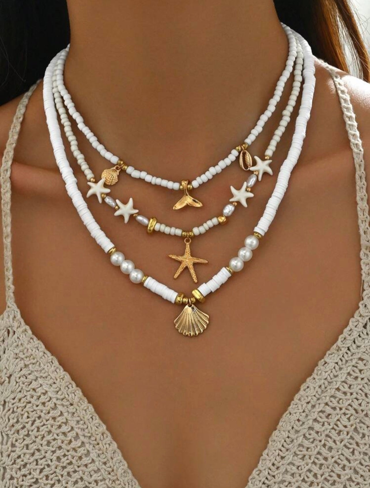 3pc Ocean Charm Necklace Set – White & Gold Ceramic Beads with Mermaid, Starfish & Shell Pendants