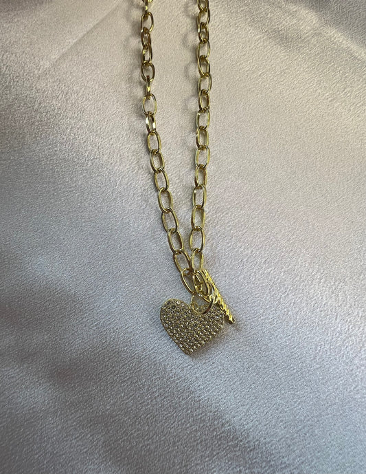 Tarnish-Resistant Rhinestone Gold Heart Charm Necklace – Paperclip Chain with T-Bar Clasp