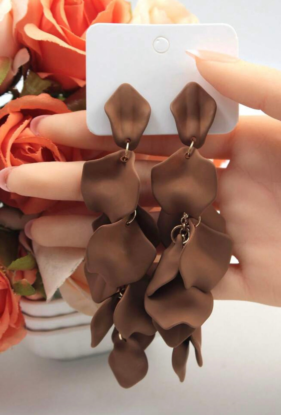 Gold & Matte Chocolate Petal Dangle Earrings – Nature-Inspired Elegance with a Modern Edge