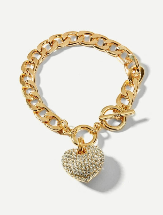 Rhinestone Heart Charm Chunky Gold Curb Chain Bracelet – Tarnish Resistant
