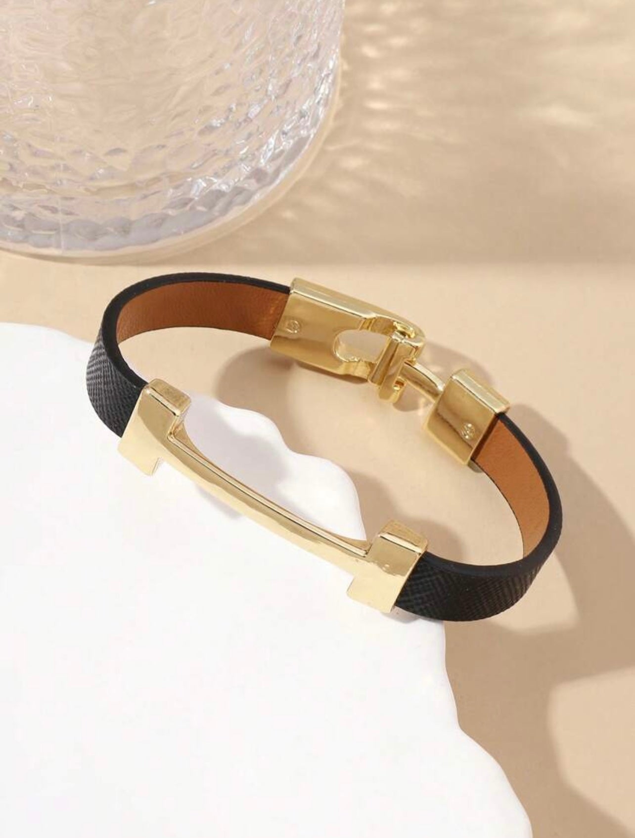 Black & Gold Hermès-Inspired Faux Leather Bracelet – Elegant Fashion Wristband Gift for Her
