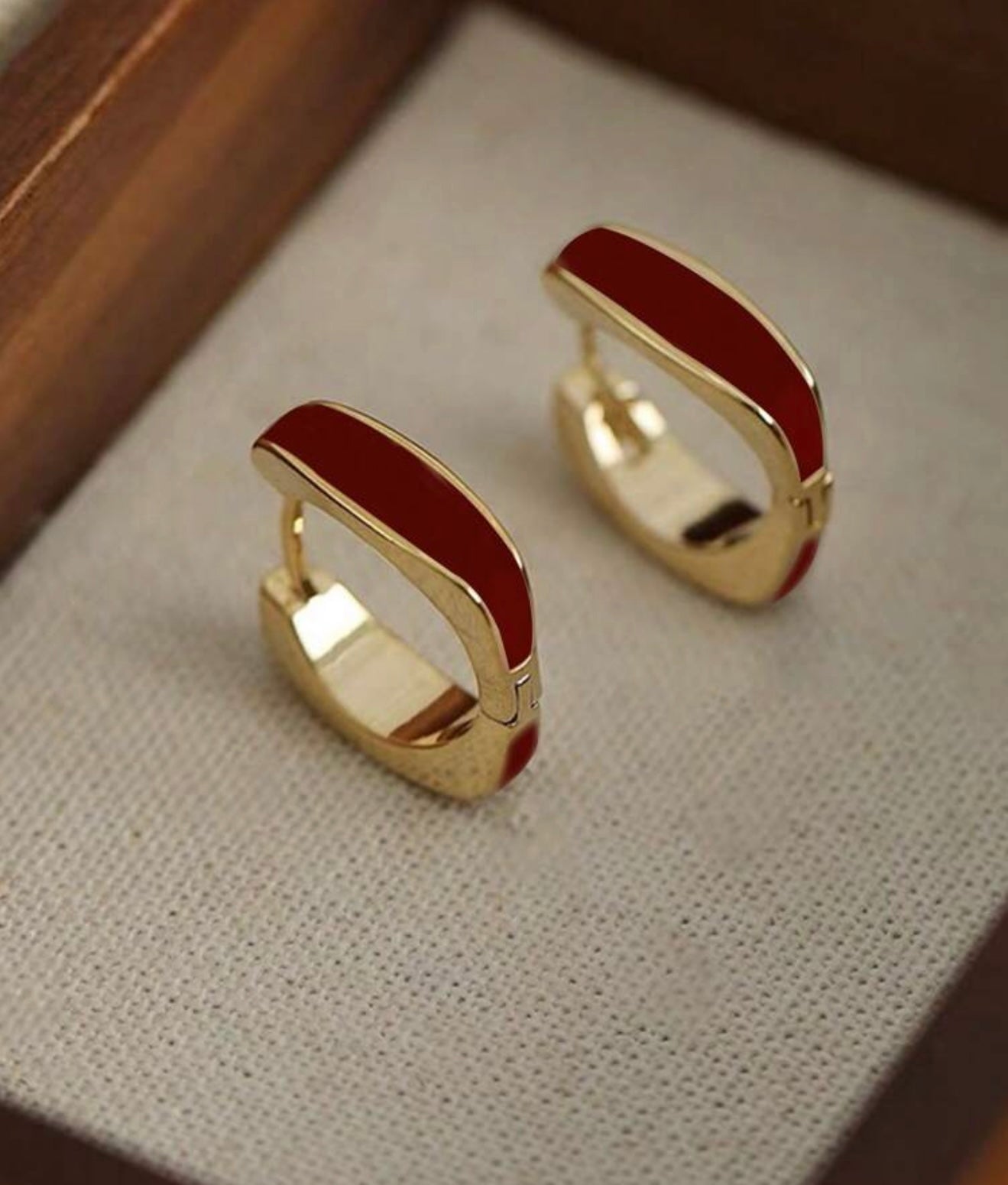 Gold & Burgundy Enamel Square Hoop Earrings – Lightweight Modern Glamour