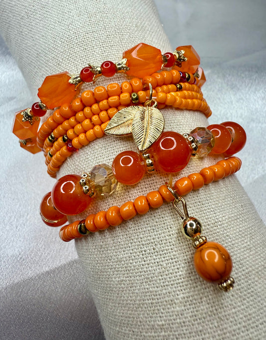 4pc Handmade Orange Seed & Glass Beaded Bracelet Stack – Vibrant Jewellery Set for Women