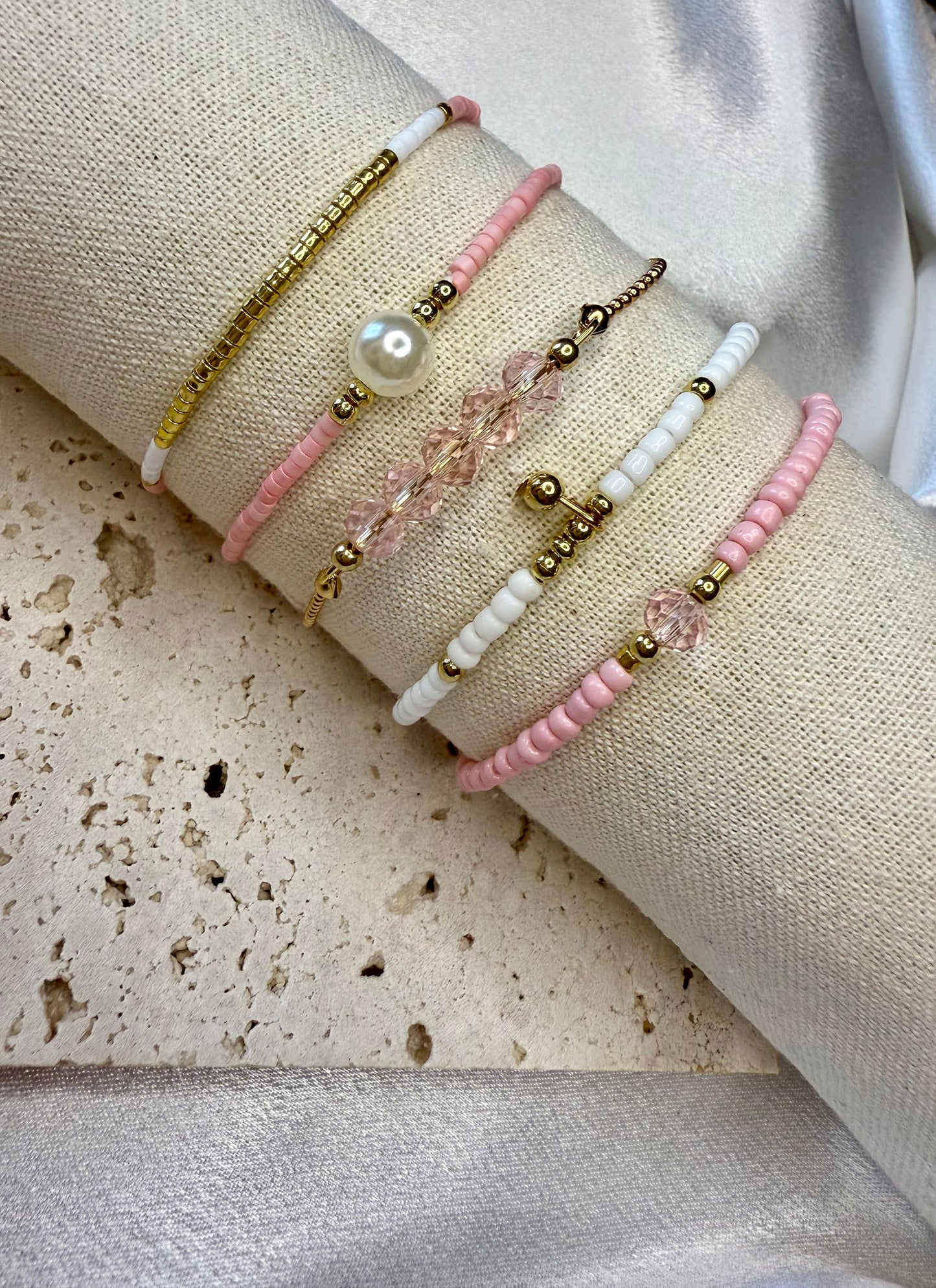 5pc Pink & White Faux Pearl Bracelet Stack – Handmade Holiday & Party Jewellery