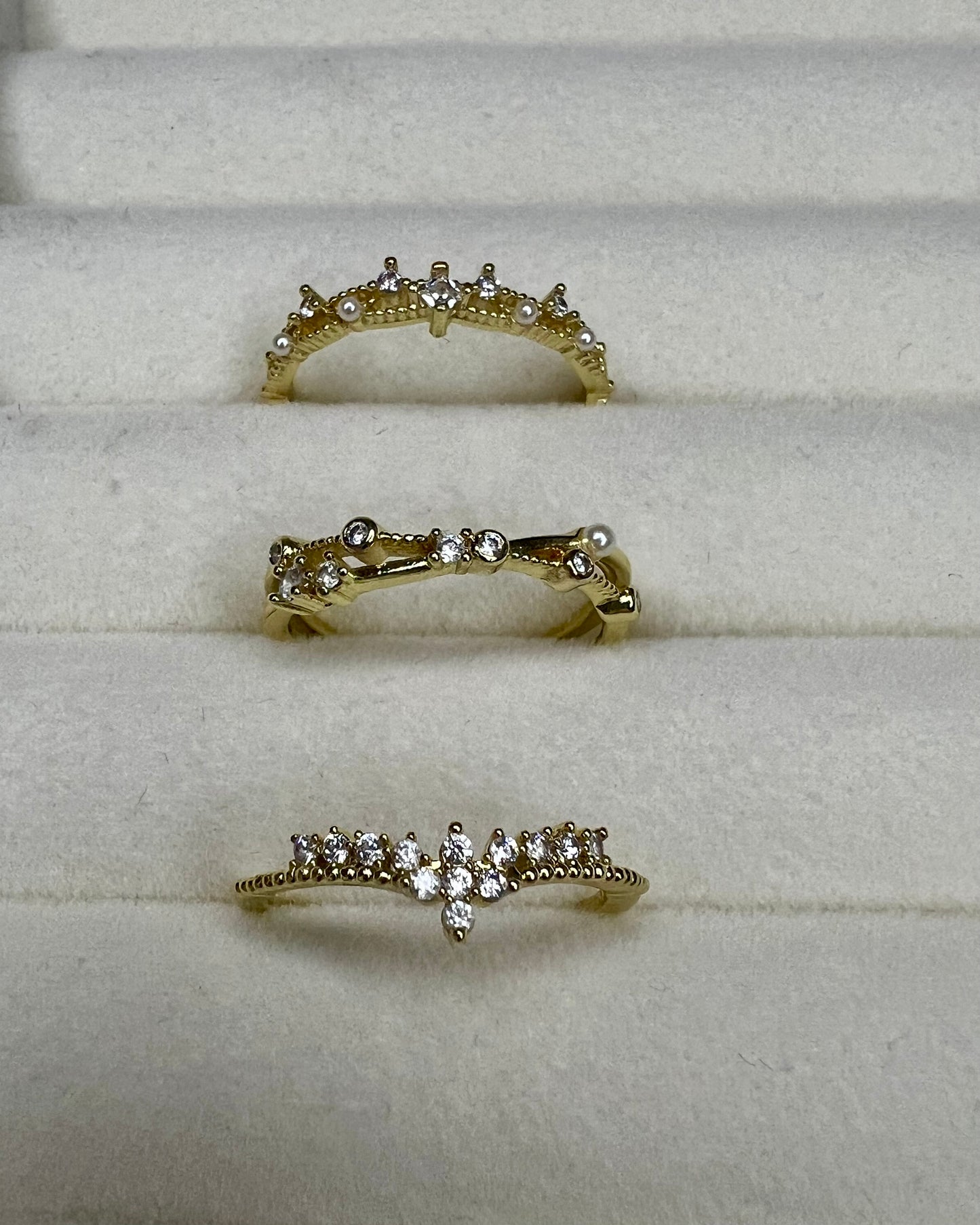 3pc Gold Faux Pearl & Rhinestone Cuff Ring Set – Stackable Elegant Style