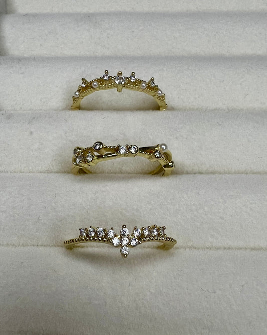 3pc Gold Faux Pearl & Rhinestone Cuff Ring Set – Stackable Elegant Style