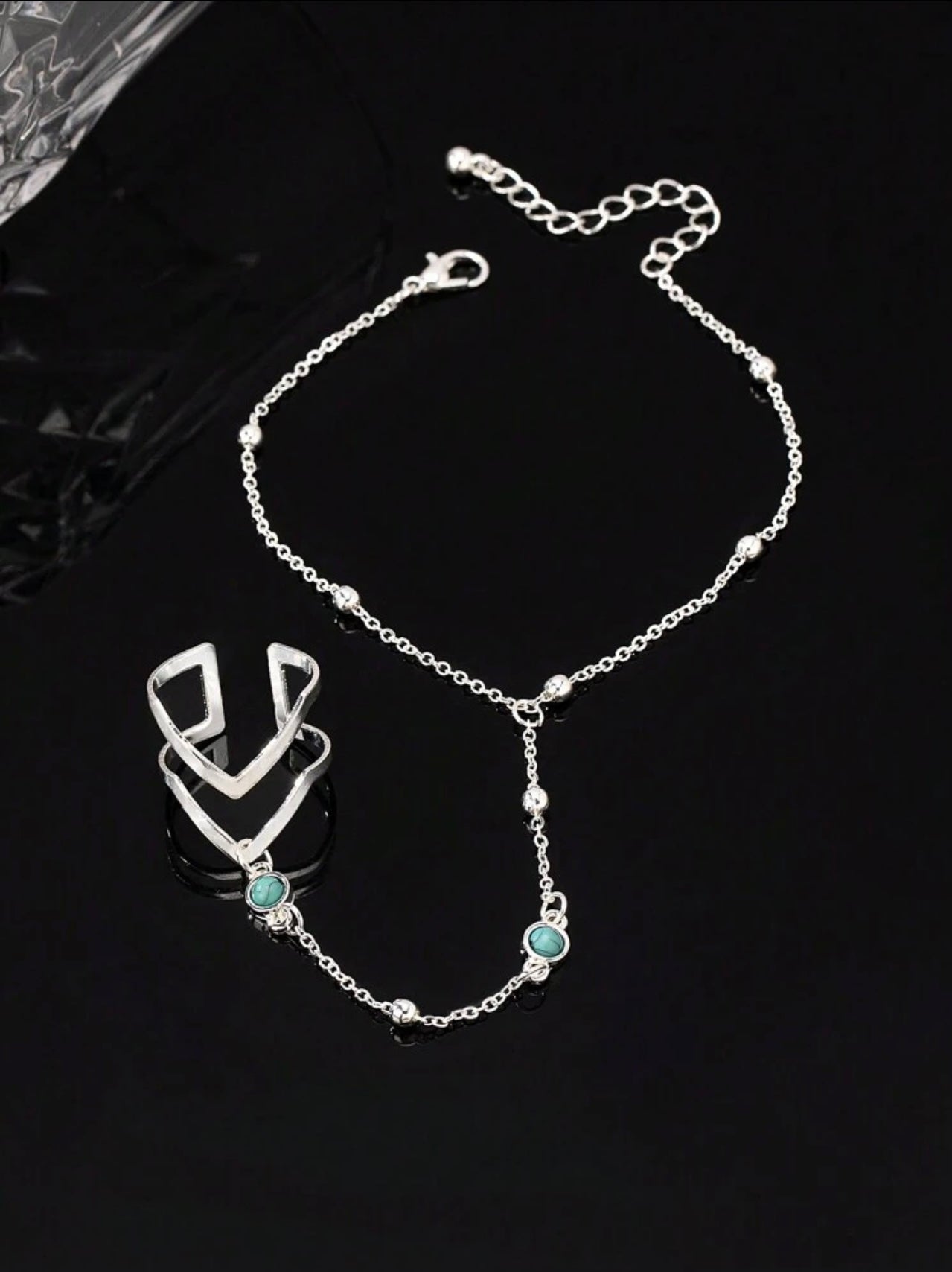 Silver Bean Hand Chain with Turquoise  Style Beads – Adjustable Minimalist Jewellery
