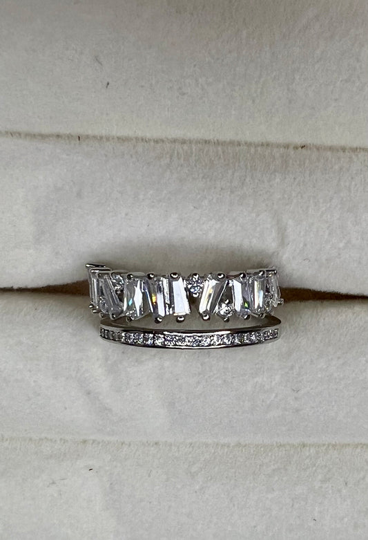 Silver-Tone Double-Layer Zirconia Open Ring – High-End Asymmetrical Sparkle