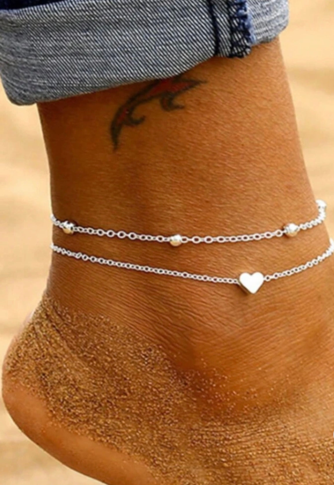Silver Double-Layer Heart Anklet – Adjustable Love Foot Chain for Summer & Beach