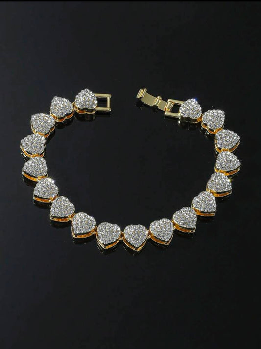 Luxury Rhinestone Hearts Gold Chunky Chain Bracelet
