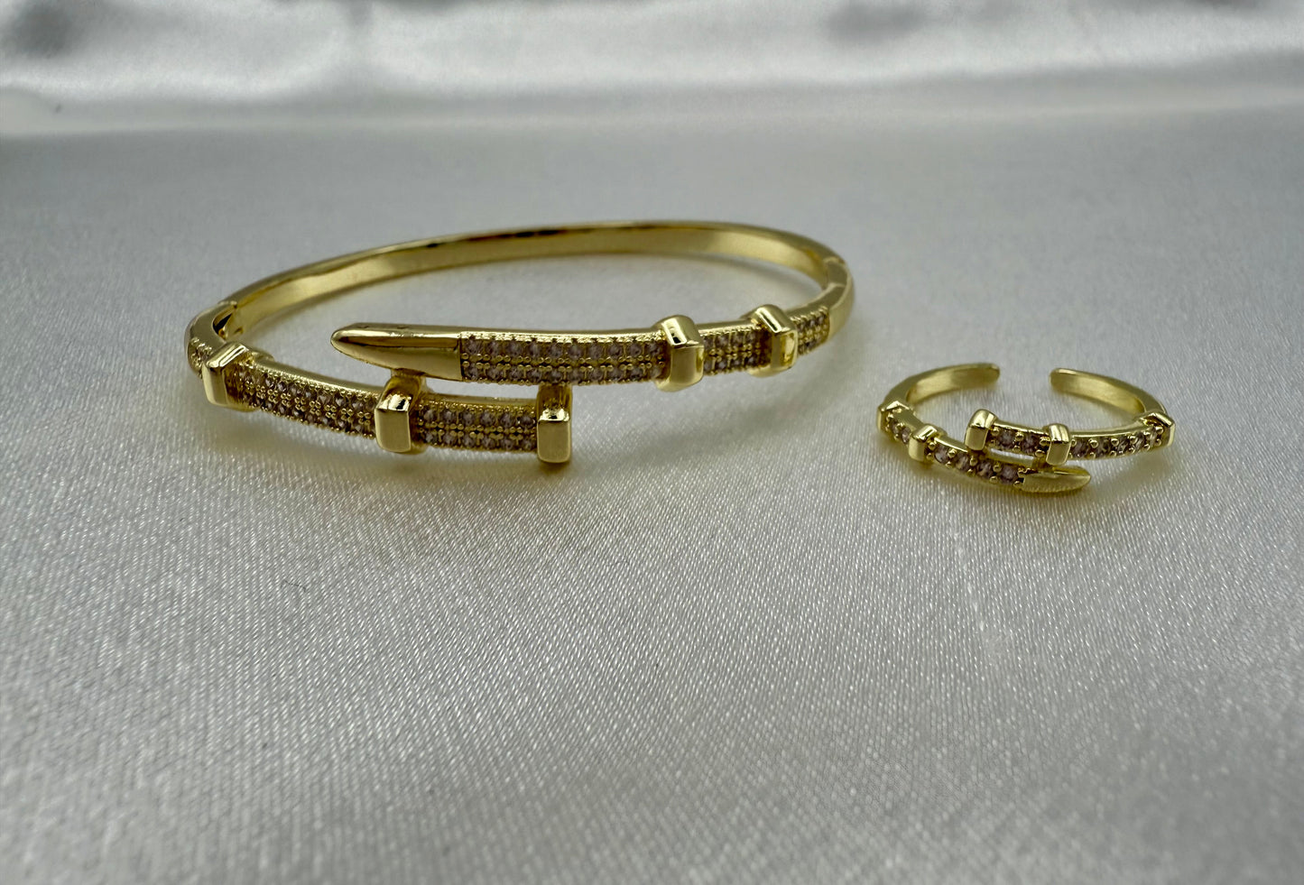 18K Gold Plated Cubic Zirconia Nail Bracelet & Ring Set – Cartier Style Elegance with Modern Edge