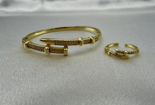 18K Gold Plated Cubic Zirconia Nail Bracelet & Ring Set – Cartier Style Elegance with Modern Edge