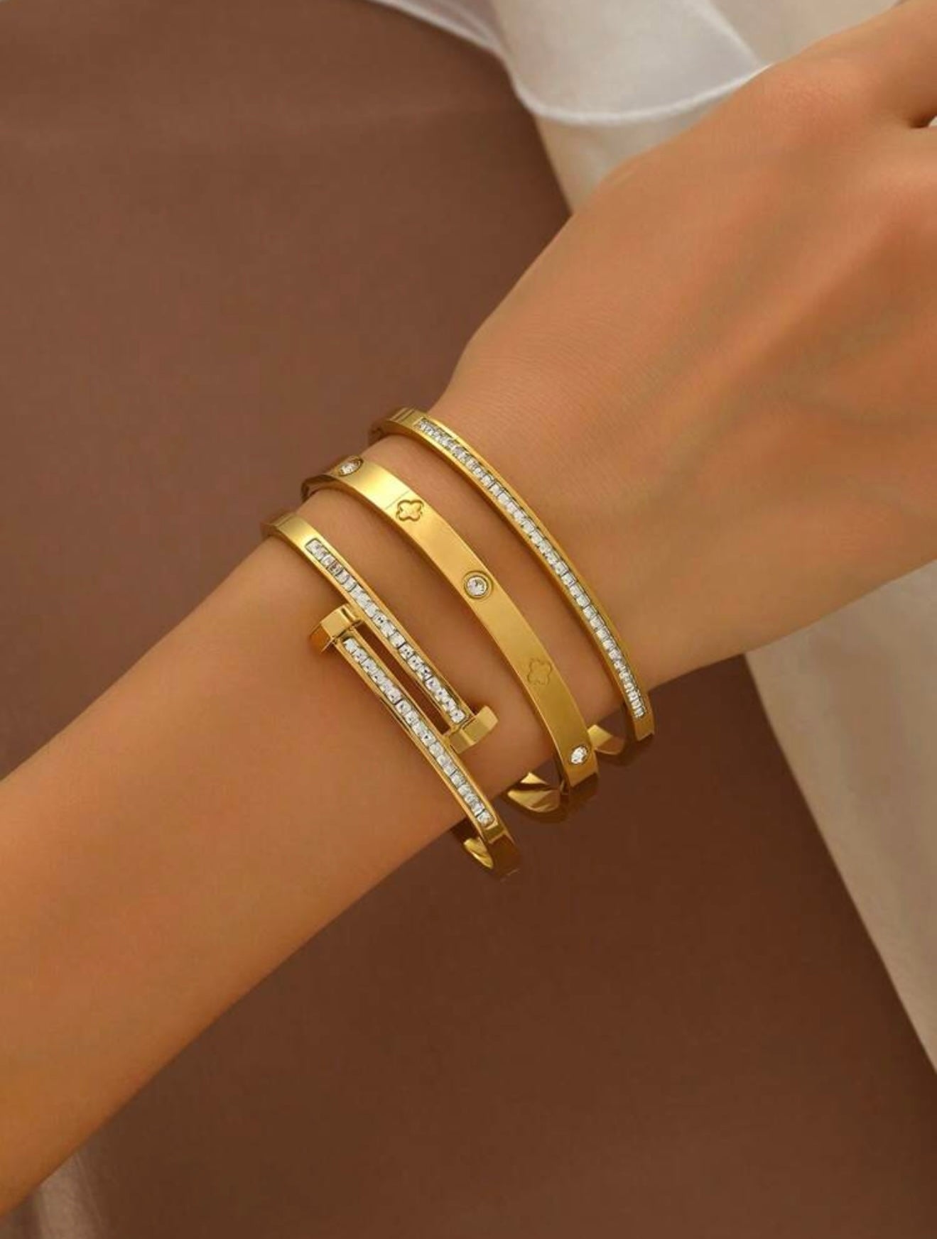 18K Gold Plated Cubic Zirconia Bangle Set – Cartier Inspired Timeless Style