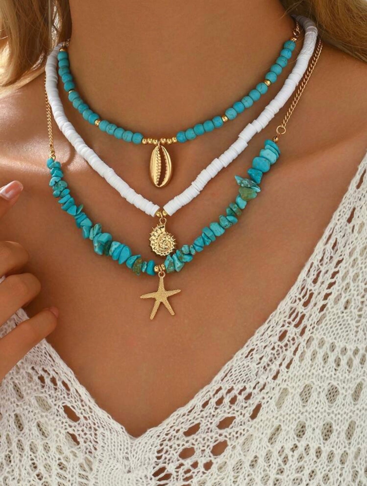 3pc Turquoise Ocean Necklace Set – Ceramic Beads with Metallic Shell, Conch & Starfish Pendants