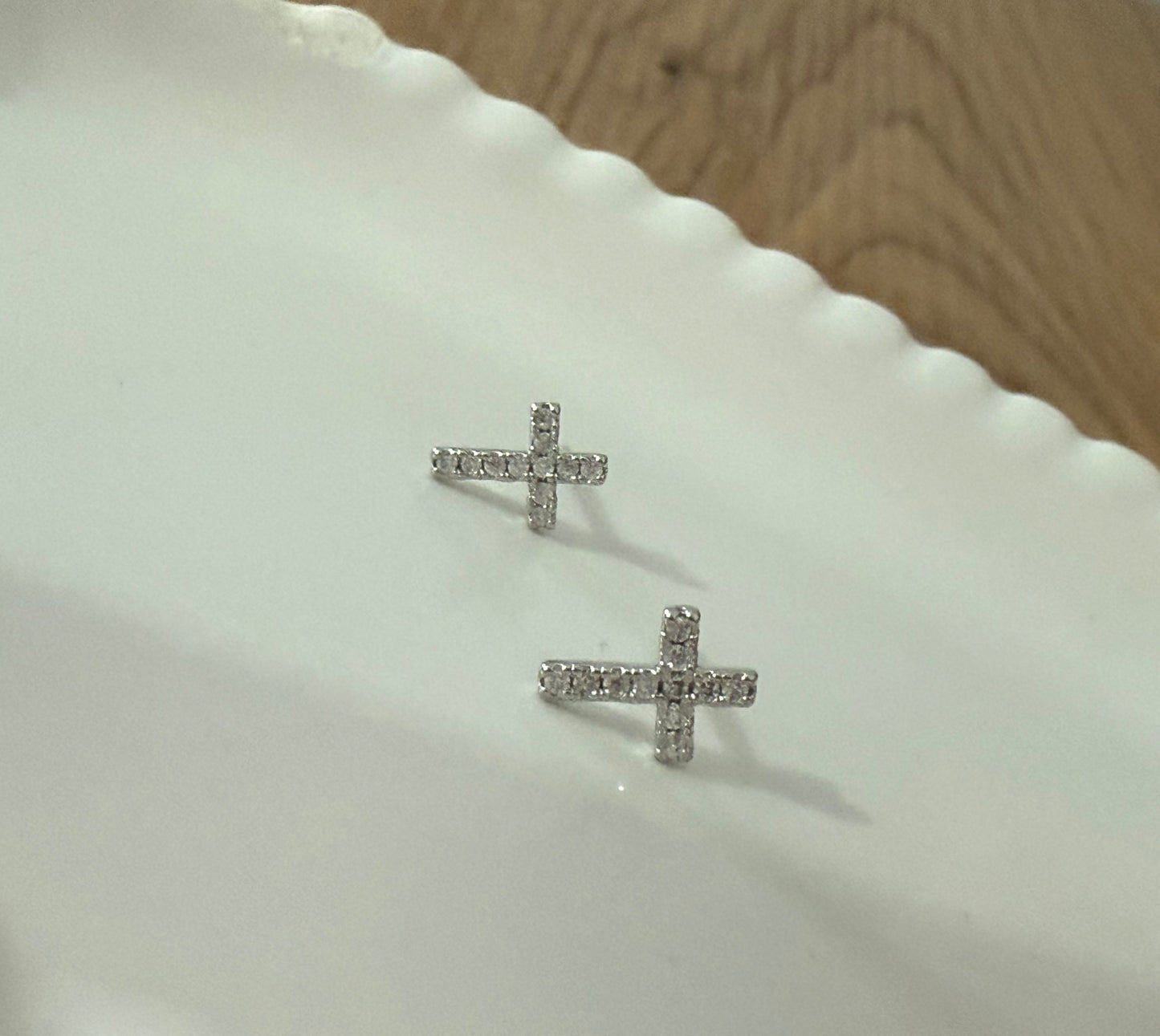 Hypoallergenic Tarnish Resistant Gold plated Silver Tone Cross Stud Earrings with CZ