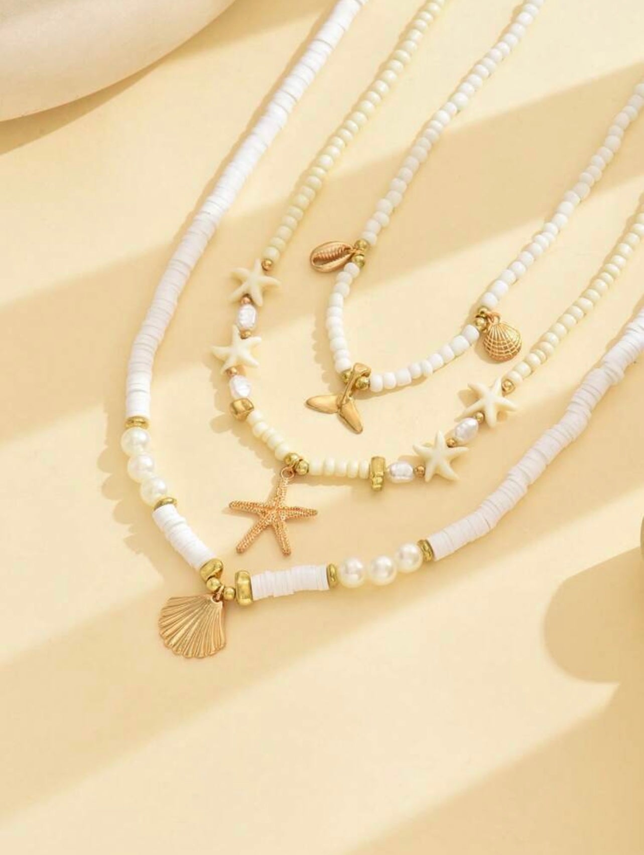 3pc Ocean Charm Necklace Set – White & Gold Ceramic Beads with Mermaid, Starfish & Shell Pendants