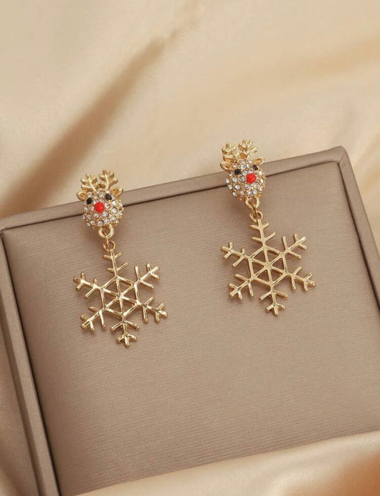 Elegant Crystal Rhinestone Reindeer & Snowflake Dangle Earrings – Festive Sparkle for Christmas