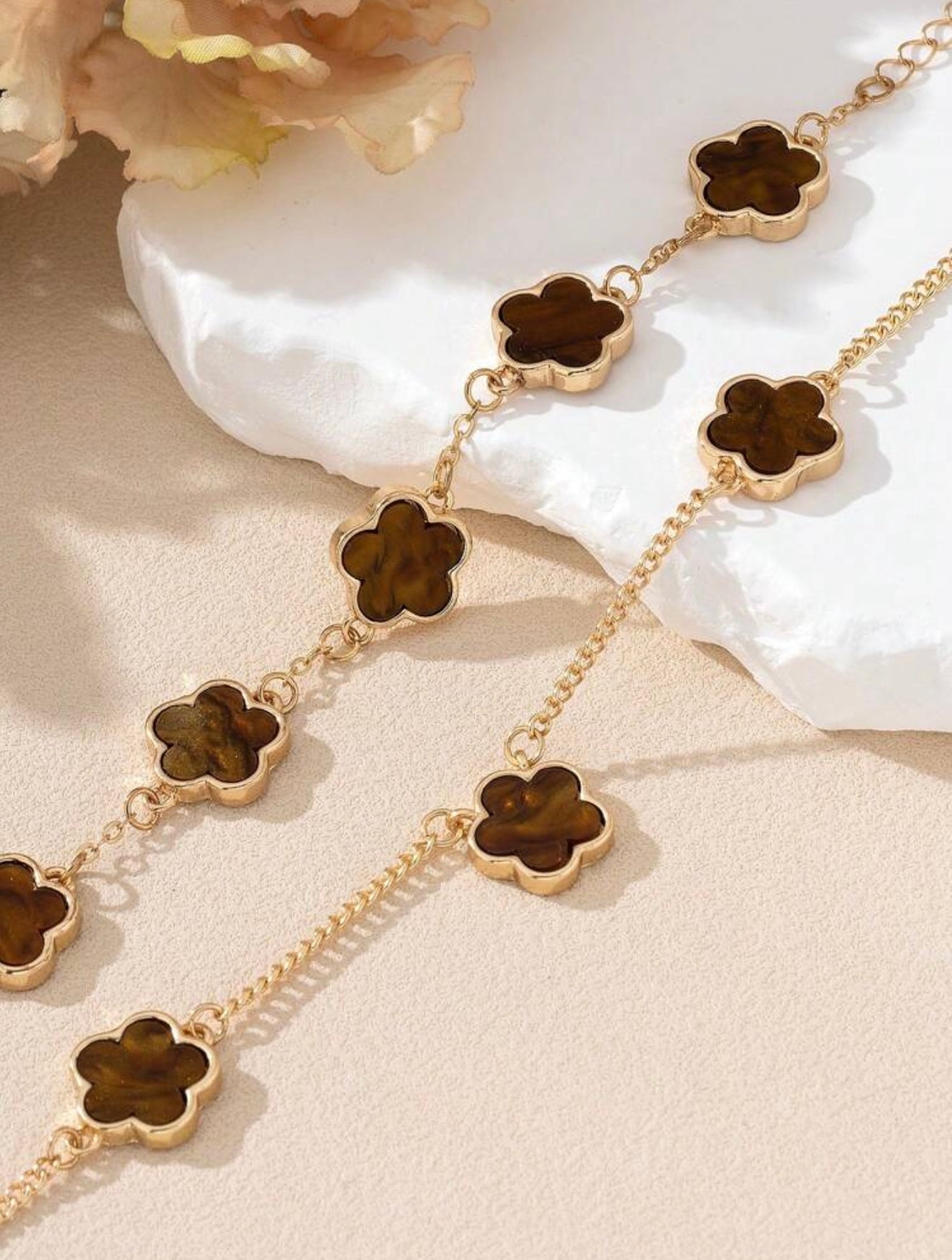 Van Cleef-Inspired Clover Bracelet & Necklace Set – Tarnish-Resistant with Faux Tiger’s Eye Inlay – Fashionable Jewellery