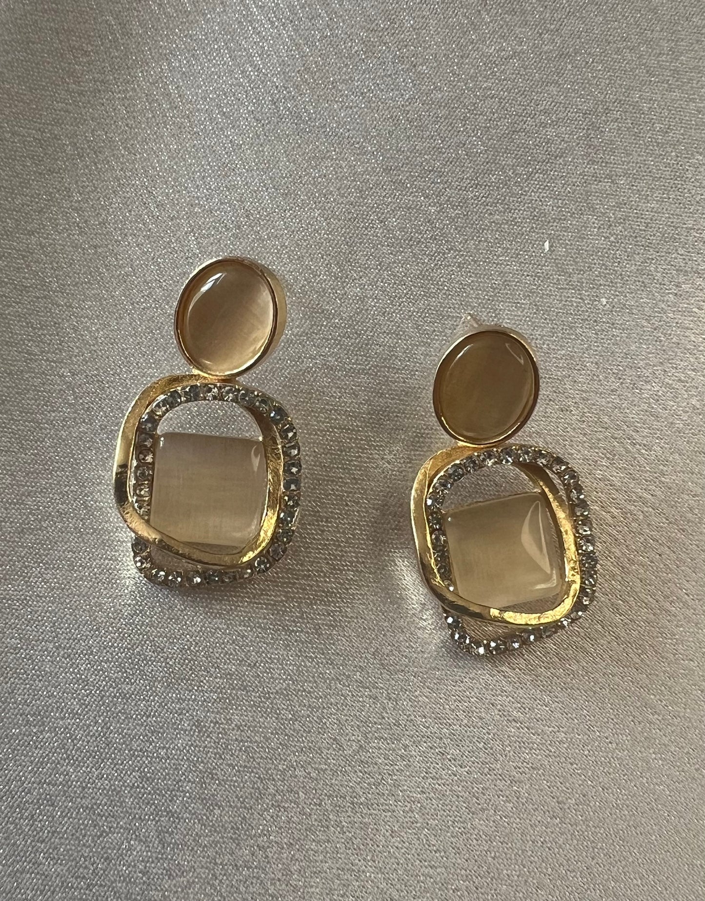 Gold & Beige Diamanté Drop Earrings – Soft Glamour with a Translucent Touch