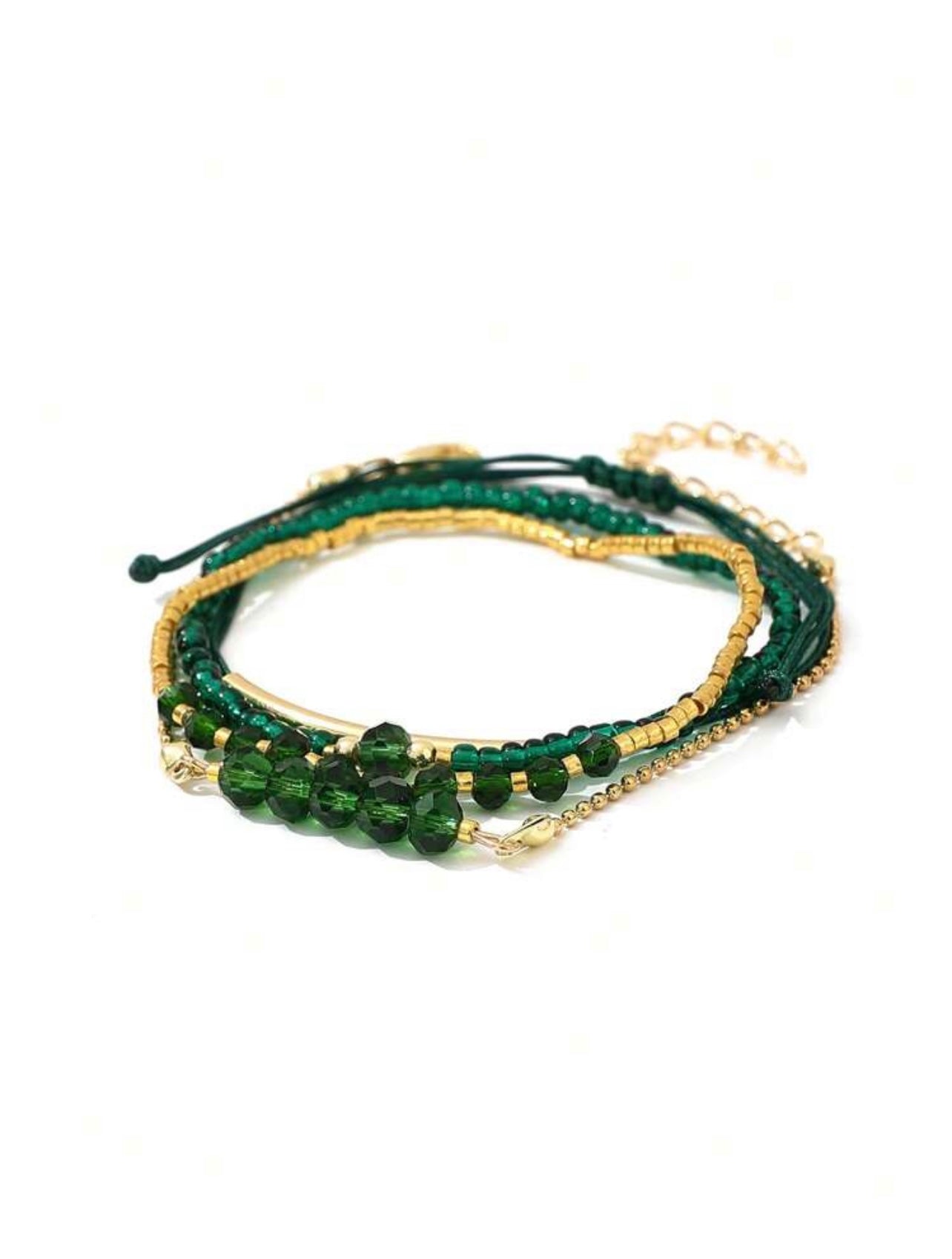 4pc Green & Gold Beaded Bracelet Stack – Handmade Party & Evening Jewellery